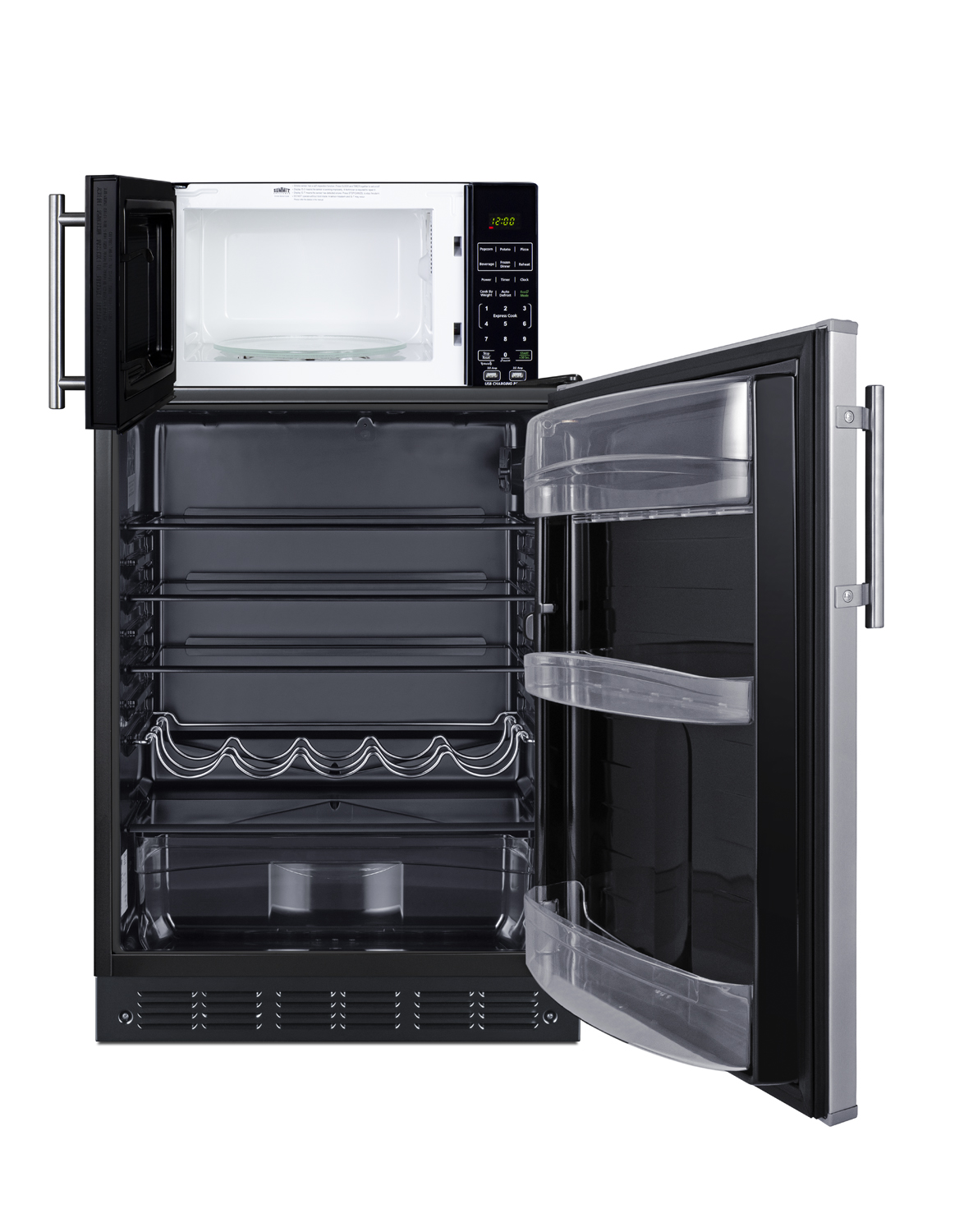 Counter height all-refrigerator with stainless steel door and compact microwave in black with allocator and USB ports for 1-plug operation; ships in three boxes on one pallet